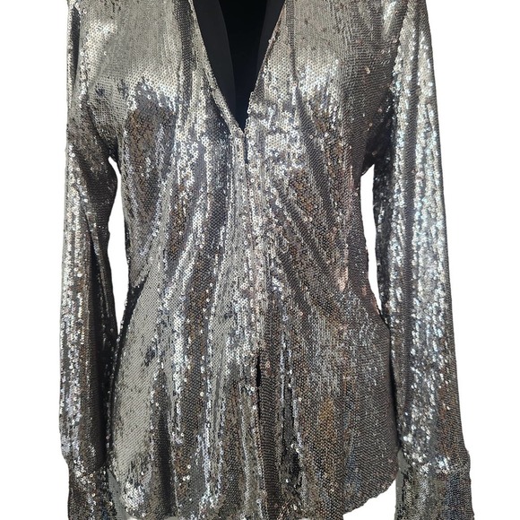NWT Zara Long Sleeve Silver Sequin Shirt Size Large - Picture 5 of 9